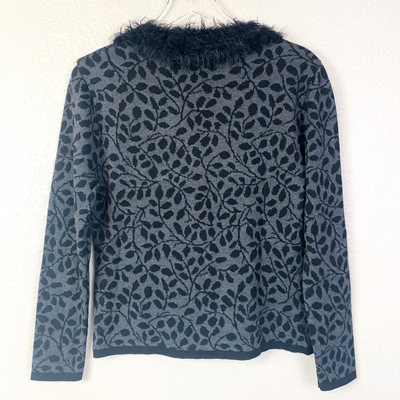 Skovhuus Black Print Wool Blend V Faux Fur Neck Sweater Size M - Picture 3 of 6